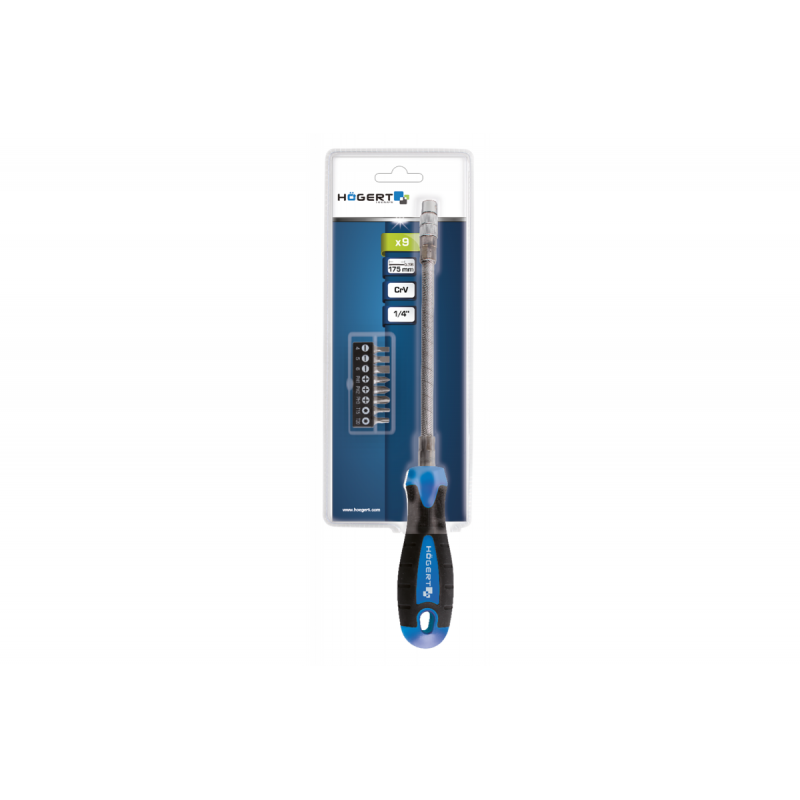 Викрутка з набором біт 8шт з гнучким стрижнем 175мм CrV Hoegert PH SL Torx (HT1S090)