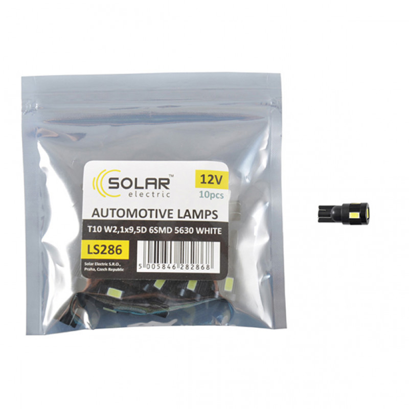LED автолампа SOLAR 12V T10 W2.1x9.5d 6SMD 5630 white 10шт (LS286_P)