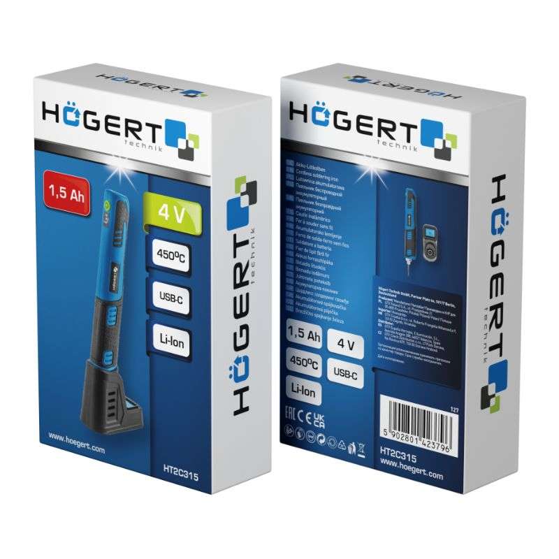 Паяльник акумуляторний 1500мАч 450°C Hogert Li-Ion 50Гц зі знімним жалом та індикатором живлення (HT2C315)