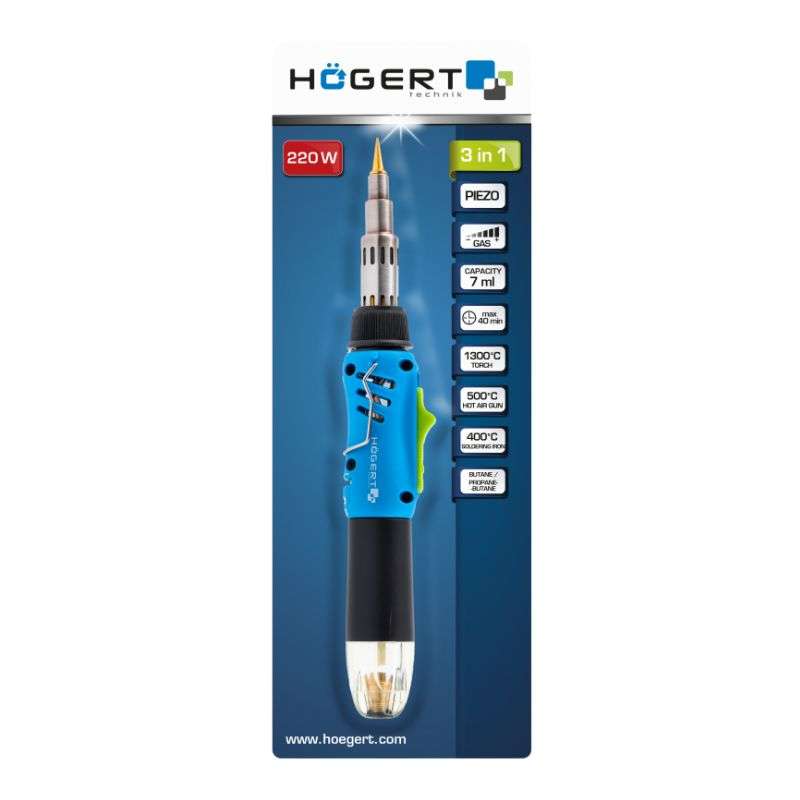 Газовый паяльник 3в1 220W 400°C Hogert 50Гц 220В со съемным жалом (HT2C401)
