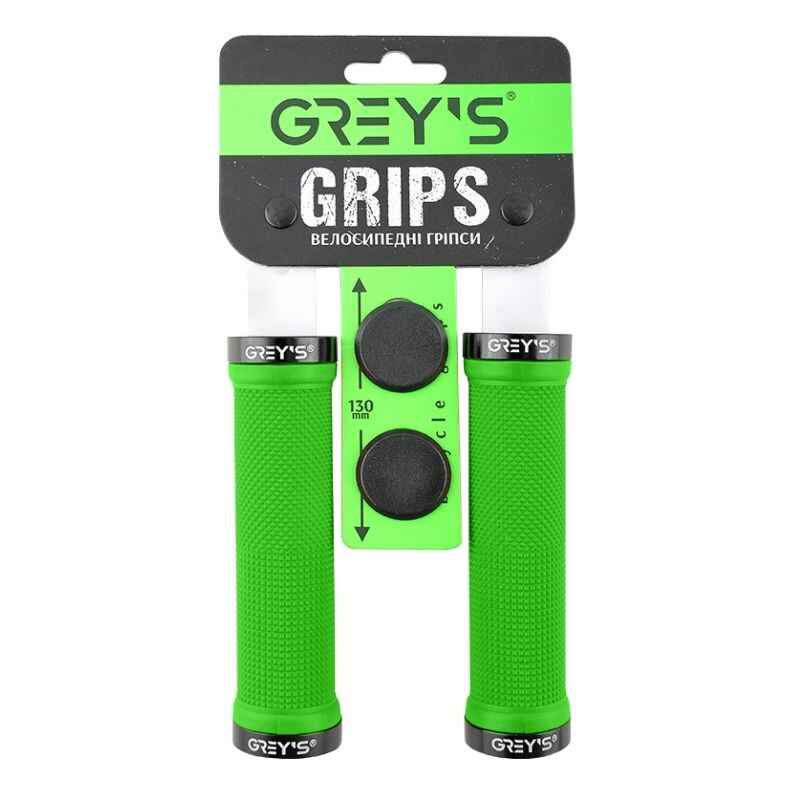 Гріпси на велосипед 13см Grey's з двостороннім замком і заглушками зелені 2шт (GR17520)