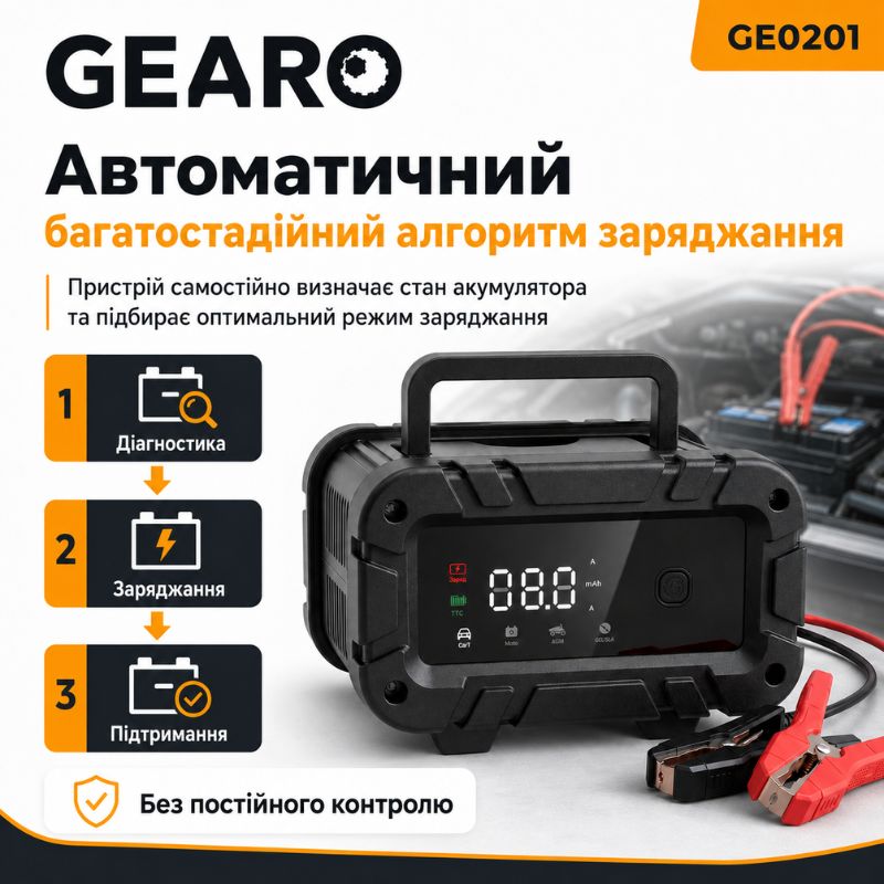 Зарядний пристрій для акумулятора АКБ Gearo 12В 6А 100Агод (GE0201)