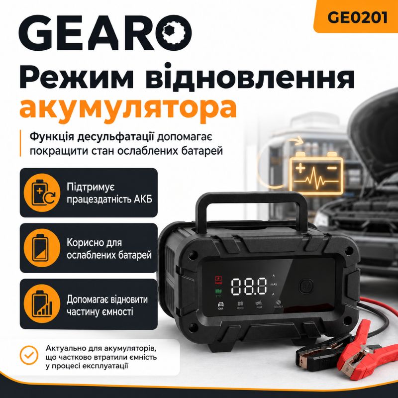 Зарядний пристрій для акумулятора АКБ Gearo 12В 6А 100Агод (GE0201)