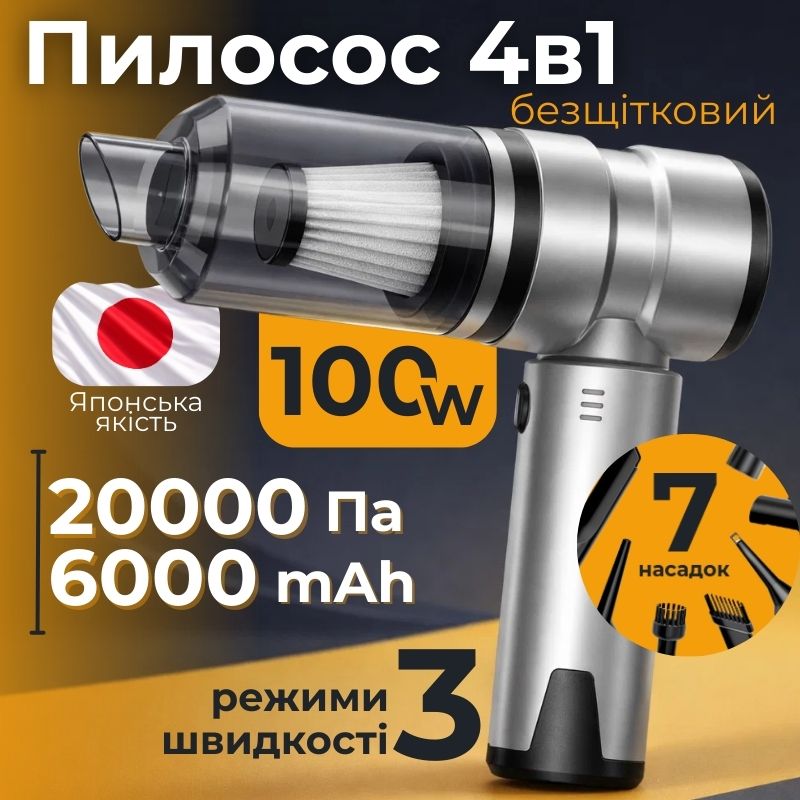 Пылесос автомобильный аккумуляторный 100Вт Gearo 4в1 20000PA  6000мАч 7 насадок серый (GE0121)