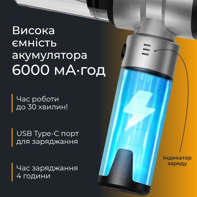 Пилосос автомобільний акумуляторний 100Вт Gearo 4в1 20000PA 6000мАч 7 насадок сірий (GE0121)