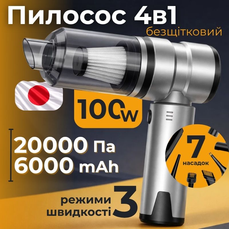 Пилосос автомобільний акумуляторний 100Вт Gearo 4в1 20000PA 6000мАч 7 насадок сірий (GE0121)