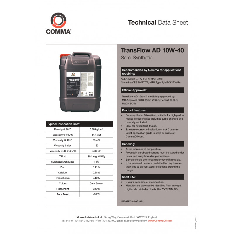 Моторна олива Comma TRANSFLOW AD 10W-40 API CI-4; ACEA A3/B4/E7 5л (TFAD5L)