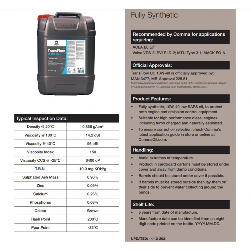 Моторна олива Comma TRANSFLOW UD 10W-40 API CI-4; ACEA E6/E7 20л (TFUD20L)