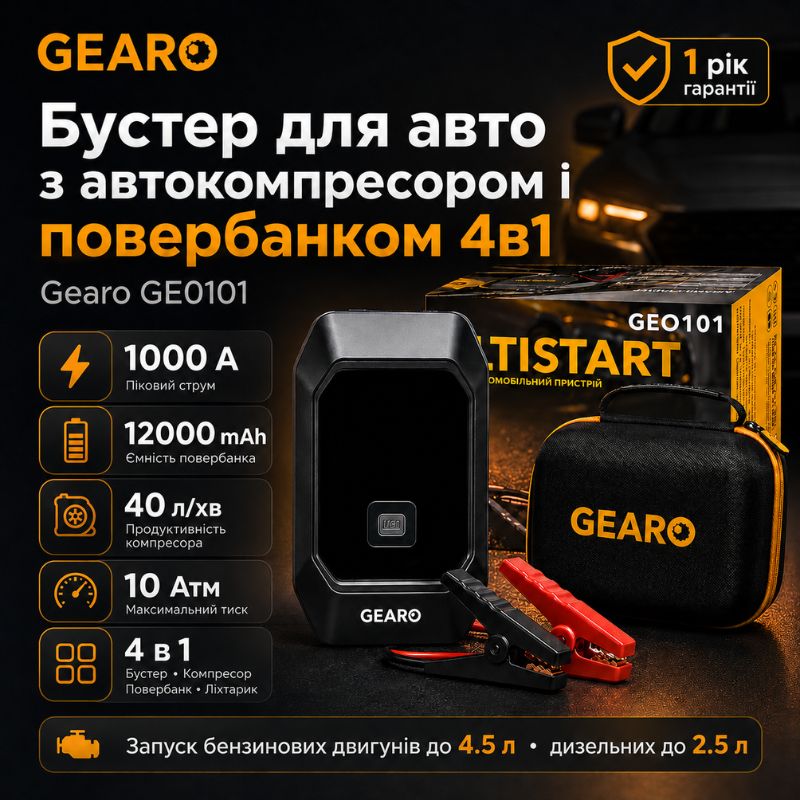 Бустер для авто с автокомпрессором и повербанком 4в1 Gearo 12000mAh 40л/мин 1000А 10Атм (GE0101)