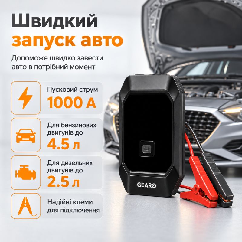 Бустер для авто з автокомпресором і повербанком 4в1 Gearo 12000mAh 40л/хв 1000А 10Атм (GE0101)