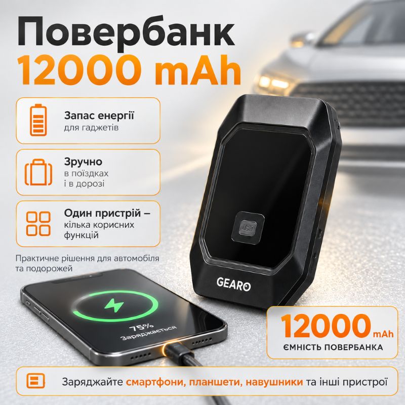 Бустер для авто з автокомпресором і повербанком 4в1 Gearo 12000mAh 40л/хв 1000А 10Атм (GE0101)