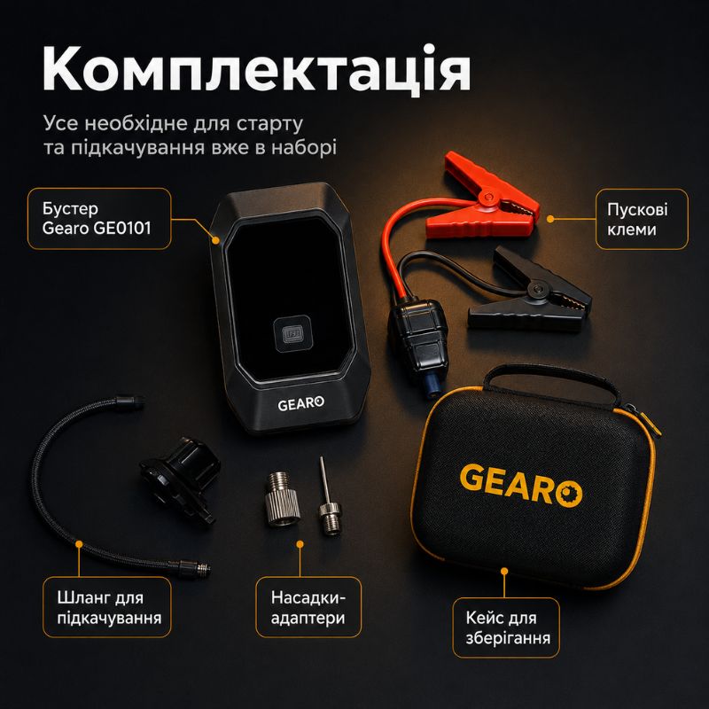 Бустер для авто з автокомпресором і повербанком 4в1 Gearo 12000mAh 40л/хв 1000А 10Атм (GE0101)