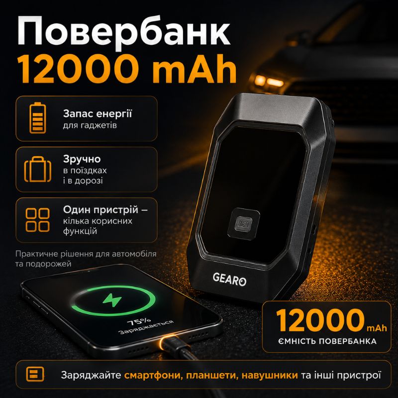 Бустер для авто з автокомпресором і повербанком 4в1 Gearo 12000mAh 40л/хв 1000А 10Атм (GE0101)