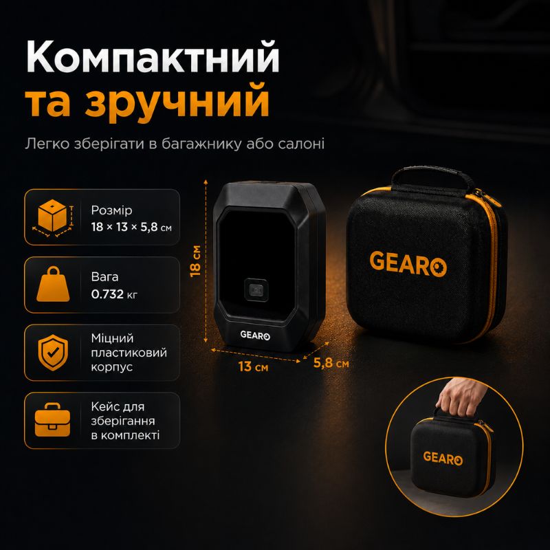 Бустер для авто с автокомпрессором и повербанком 4в1 Gearo 12000mAh 40л/мин 1000А 10Атм (GE0101)