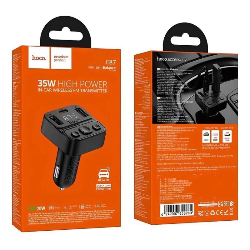 FM-модулятор в машину 3А 35W Hoco E87 Bluetooth/Type-C/USB чорний (E87)