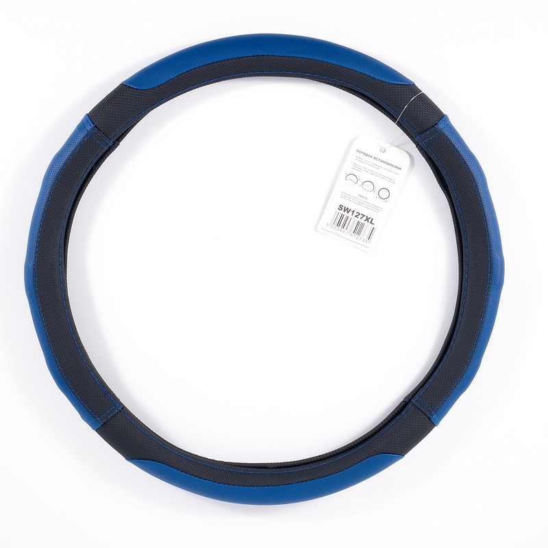 Чохол на кермо екошкіра чорний із синіми вставками перфорація Carlife (SW127XL)