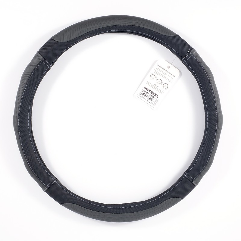 Чохол на кермо екокожа чорний із сірими вставками перфорація Carlife (SW126XL)