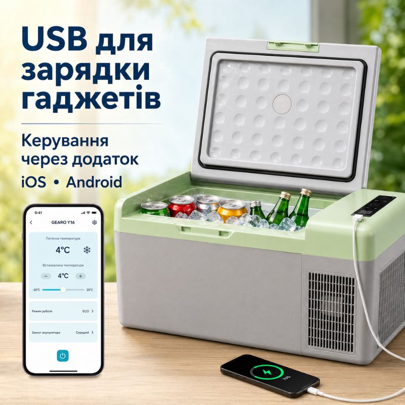Портативний холодильник 15л Gearo автохолодильник компресорний пластиковий 12/24В 220В (Y16)
