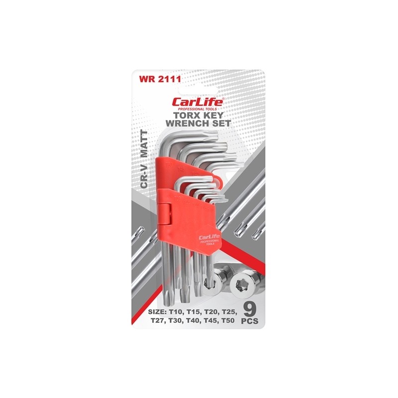 Набір ключів Torx 9шт. короткий T10 T15 T20 T25 T27 T30 T40 T45 T50 Г-образ торця з відворотом Carlife (WR2111)