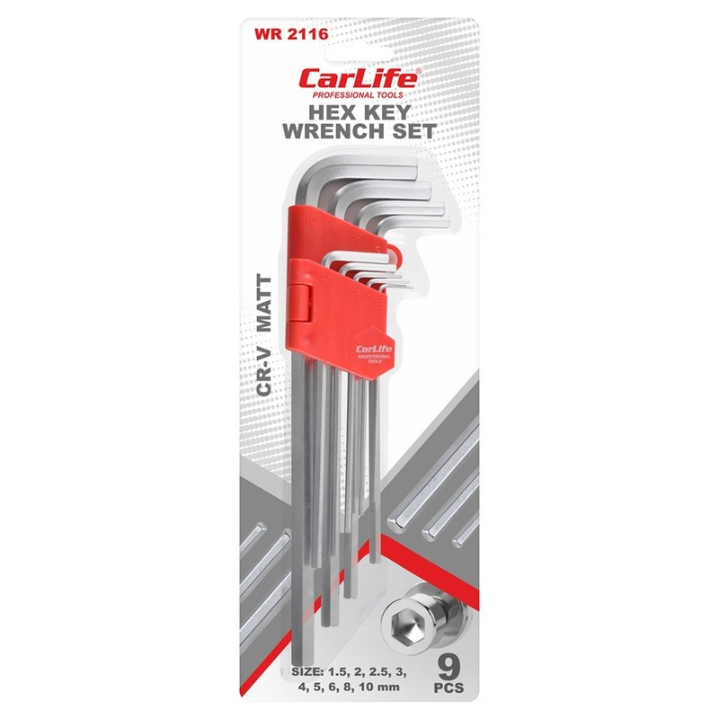 Набір шестигранників 9шт.довгий 1.5 2 2.5 3 4 5 6 8 10 мм CR-V Carlife (WR2116)